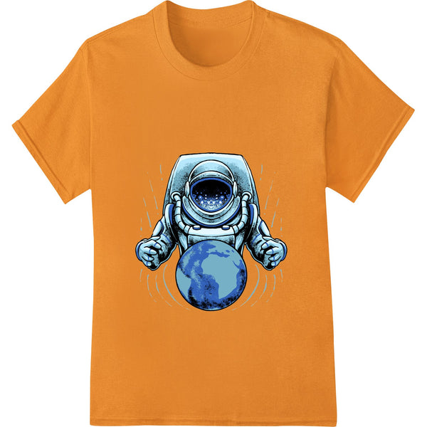 Astronaut viewing the Earth from space, direct-to-film heat transfer design for custom t-shirt printing