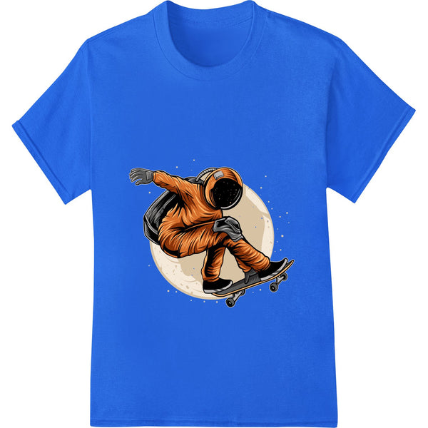 An illustration of an astronaut riding a skateboard with a space background, printed on a t-shirt using DTF heat transfer