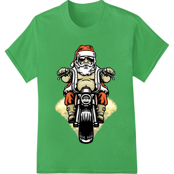 Illustration of a skeleton dressed as Santa Claus riding a motorcycle in a biker outfit with flames.