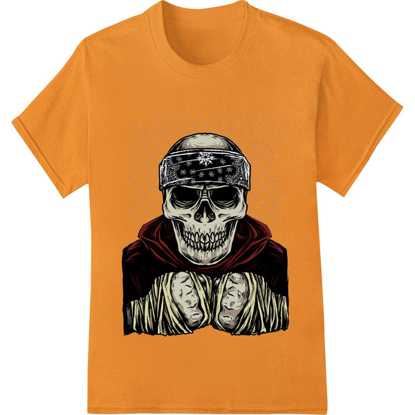 Edgy skull graphic design with a bandana pattern, perfect for DTF printing and heat transfers on t-shirts and apparel.