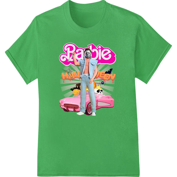 Barbie's spooktacular Halloween costume ride featuring vibrant DTF heat transfer design for custom apparel and t-shirt...