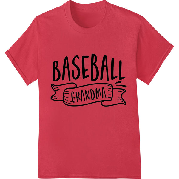 A black and white baseball design with the text 'Baseball Grandma' surrounded by floral graphics in shades of pink and red.