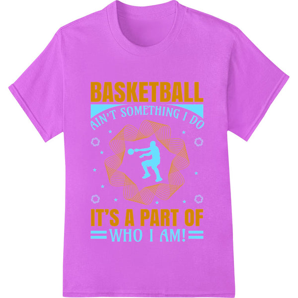 Bold black basketball player silhouette heat transfer design with 'Basketball Is Life' text for custom t-shirt printing.