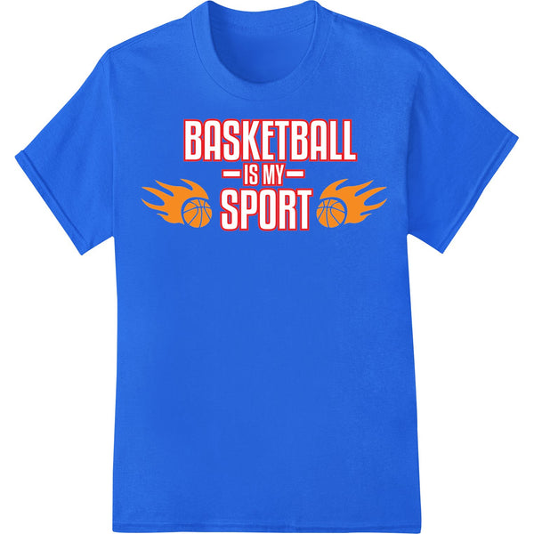 Bold, colorful DTF heat transfer design with the text 'Basketball is My Sport' in a graffiti-style font on a black...