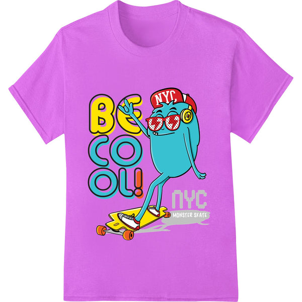 A vibrant cartoon graphic featuring NYC skateboarders in action, designed as a DTF print for heat transfer on apparel.