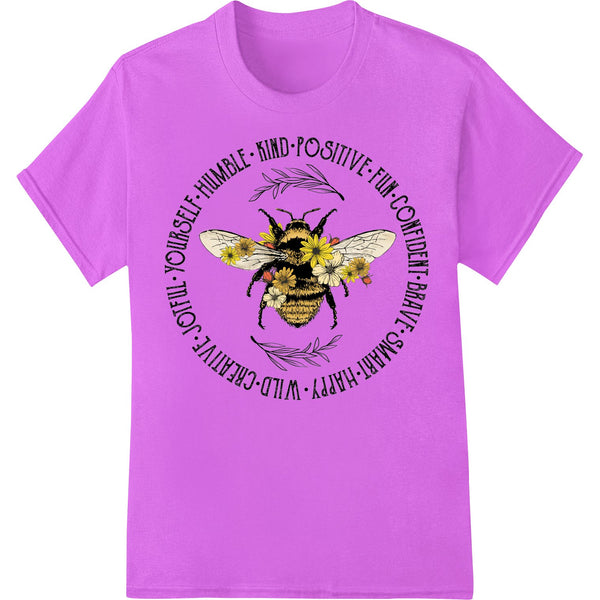 Bee Kind Positive Vibes graphic design featuring a bee and text on a bright yellow sunburst background, ready for DTF...