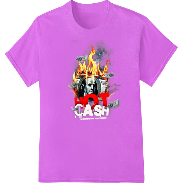 Stylized design of Benjamin Franklin's face engulfed in flames, created as a Direct to Film (DTF) heat transfer for apparel...