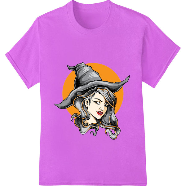 A detailed illustration of a witch's portrait with a haunting expression, perfect for Halloween DTF print transfers.