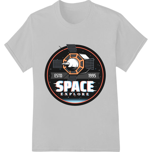 Vintage-style 1995 Space Explore satellite illustration with a stylized astronaut design, perfect for DTF heat transfers