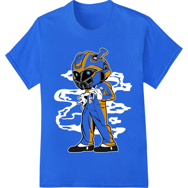 A vibrant DTF heat transfer print featuring a cartoon astronaut in a bold, colorful style for custom t-shirt printing.