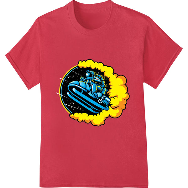 Blue spaceship graphic blasting off through an explosive cloud against a black background, a vibrant DTF heat transfer design