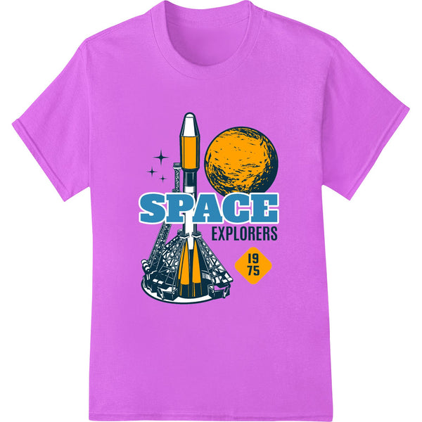 Retro 1975 space explorers illustration with astronauts and rocket ships in bold colors, ideal for DTF heat transfer printing