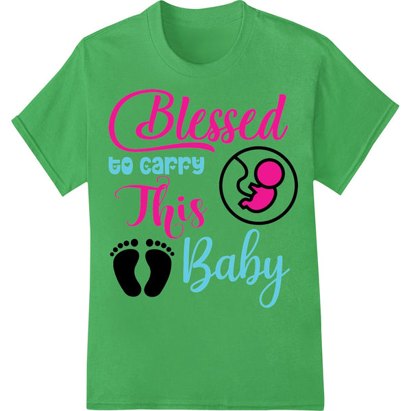 A pink maternity t-shirt design with the text 'Blessed to carry This Baby' in a floral wreath and illustrated pregnant woman.