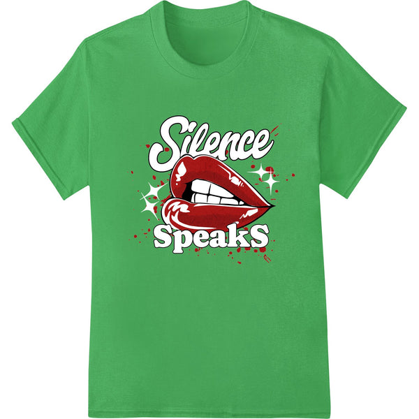 Bloody red lips graphic with 'Silence Speaks' text, edgy DTF print transfer design for Halloween t-shirts and apparel