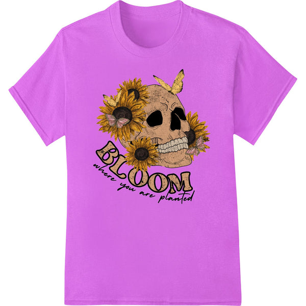 A black skull with a sunflower blooming from the top on a distressed background, perfect for DTF printing on t-shirts and...