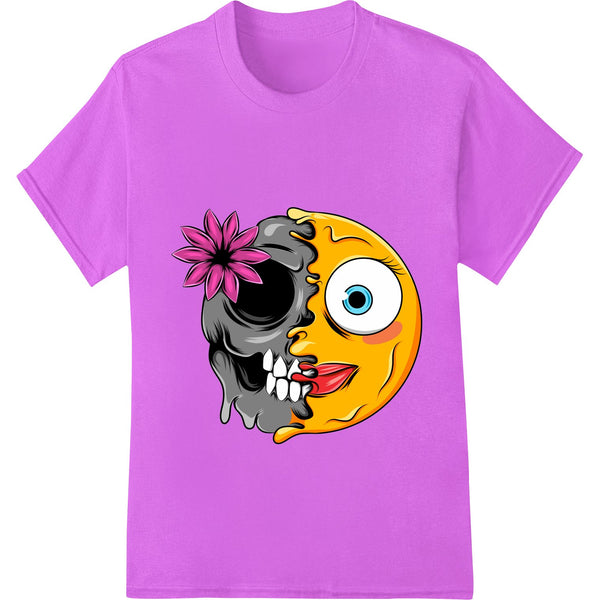 Colorful DTF print transfer design featuring a grinning yellow emoji face with blooming flowers on a bright background.