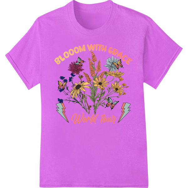 Floral butterfly typography design with vibrant colors and 'Blooom with Grace' text, perfect for custom DTF printed apparel.