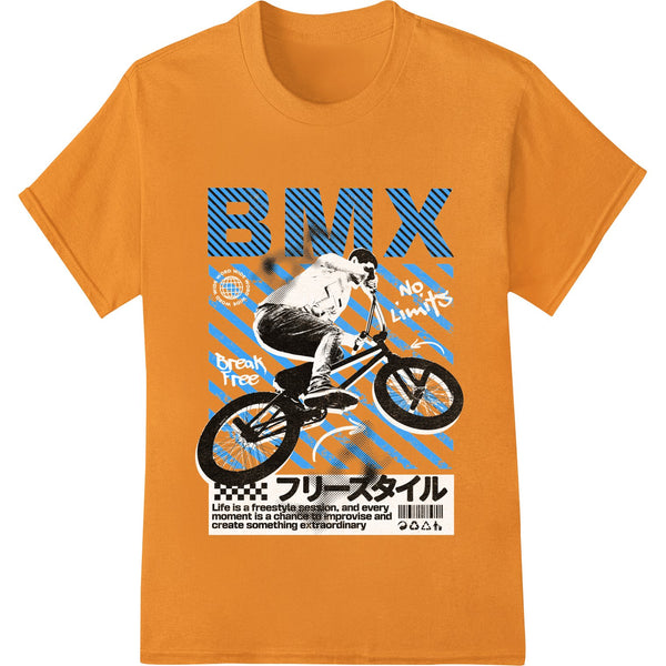 BMX freestyle design featuring a biker performing a mid-air stunt against a vibrant abstract background