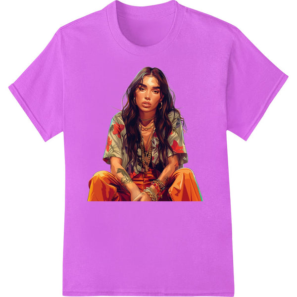 Bohemian Beauty portrait DTF print of a woman with long dark hair and a free-spirited expression for custom t-shirt printing