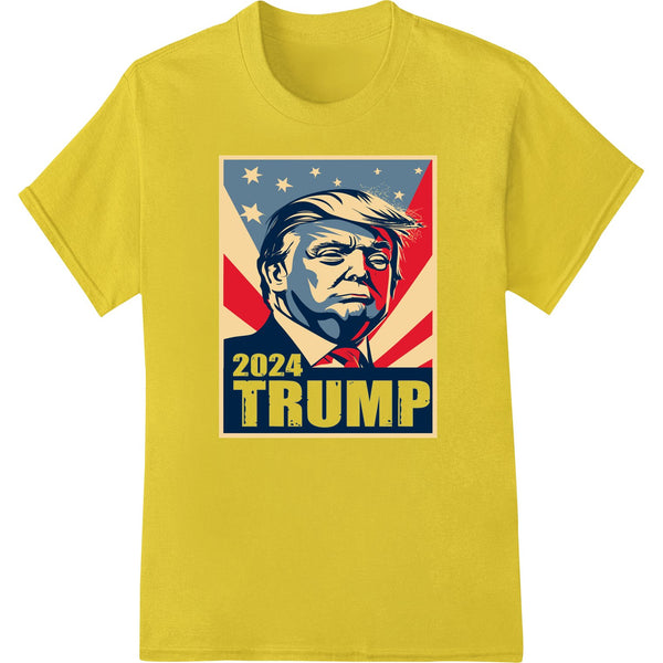 Bold portrait graphic of Donald Trump with text 'Trump 2024' designed for DTF heat transfer printing on t-shirts and apparel.