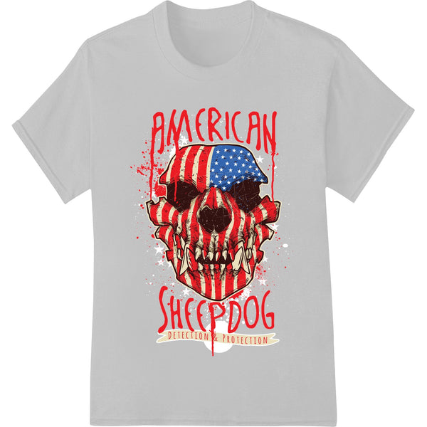 American Sheepdog skull heat transfer vinyl print with bold American flag design for custom apparel and t-shirt printing