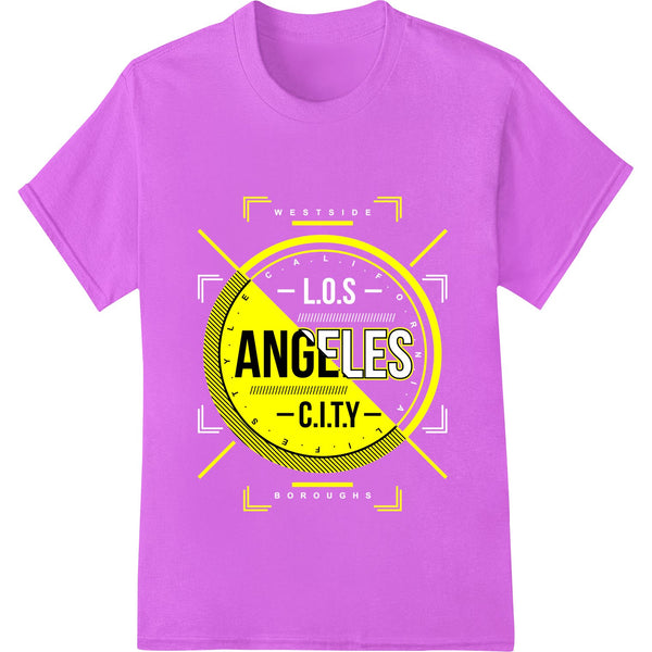 Vibrant yellow heat transfer print with the bold Angeles City logo designed for custom apparel using the DTF printing method