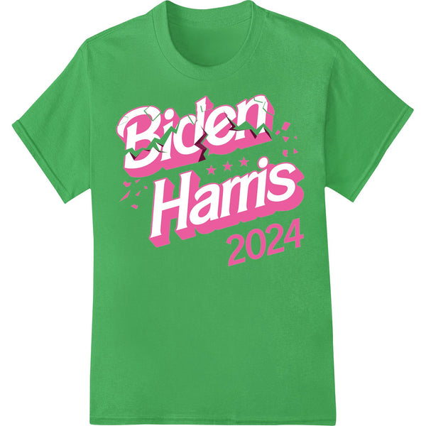 Bold Biden Harris 2024 campaign design DTF print heat transfer for custom t-shirt printing and apparel decoration.