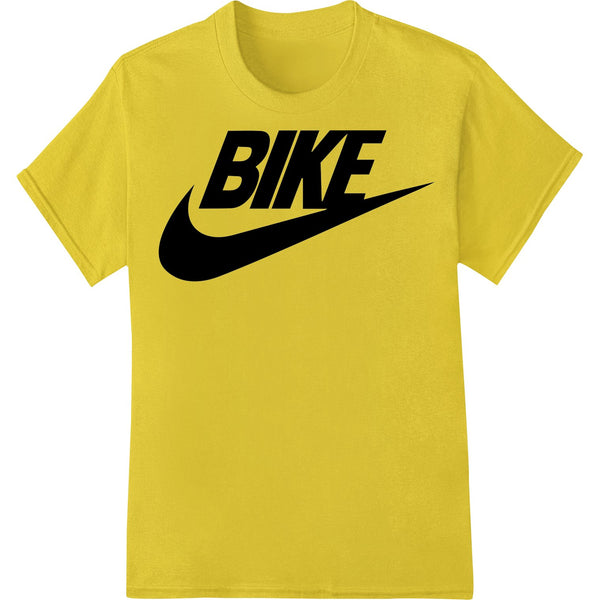 Bold BIKE heat transfer design featuring a stylized bicycle in red and black, perfect for custom cycling apparel and...