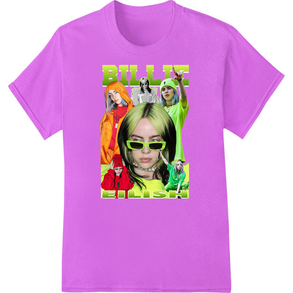 Vivid artistic portrait of Billie Eilish in bold colors, perfect for DTF and heat transfer printing on t-shirts and apparel.