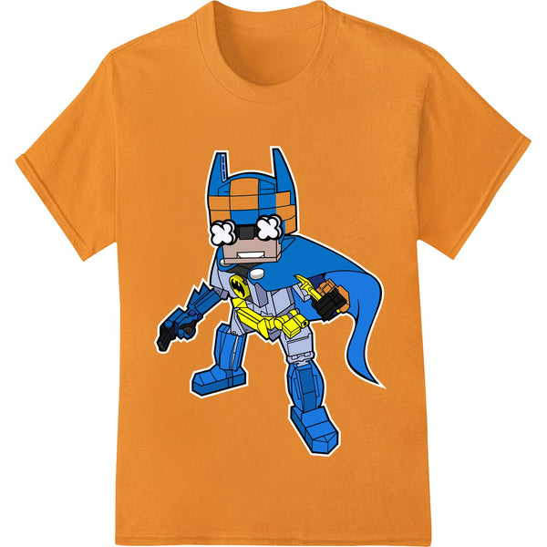 Bold blue robot superhero design in a dynamic pose, ideal for DTF (Direct to Film) heat transfer prints on custom apparel.