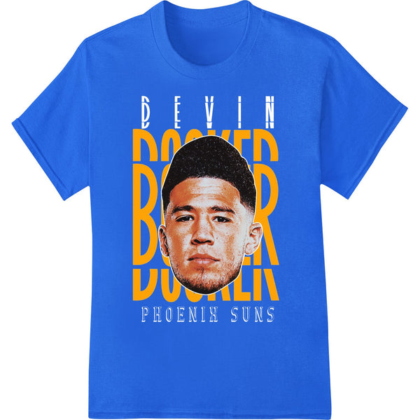 Stylized Booker basketball player portrait in bold colors designed as a DTF print for heat transfer onto t-shirts and apparel