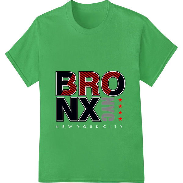 Bold graphic heat transfer design featuring Bronx NYC pride text in an urban graffiti style with bright colors