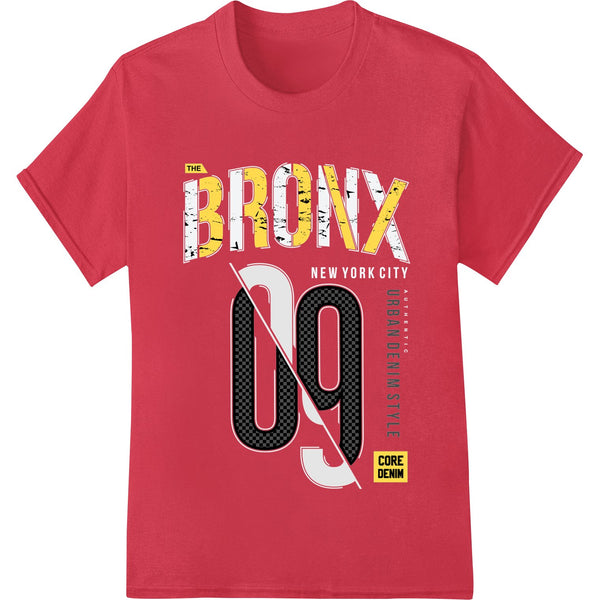 Bold Bronx urban denim style DTF print heat transfer with distressed pattern and grungy texture for custom t-shirt printing