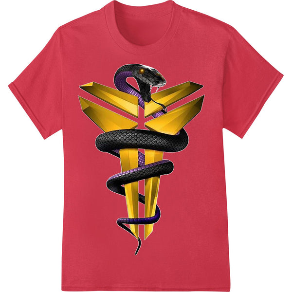 Bold black caduceus medical symbol heat transfer design for custom apparel and t-shirt printing using direct to film printing