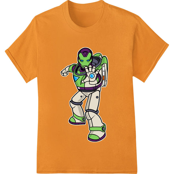 A colorful and detailed DTF print heat transfer design featuring a bold cartoon robot superhero in a dynamic pose.