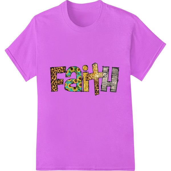 A bold 'Faith' text design printed in animal print pattern on a heat transfer vinyl for custom apparel decoration