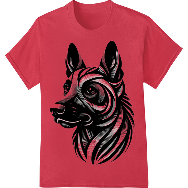 Black and white vector illustration of a German Shepherd dog face in a bold, graphic style suitable for DTF printing.