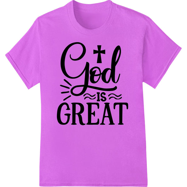 Bold 'God is GREAT' faith-inspired text design in black and yellow, suitable for heat transfer printing on t-shirts and...