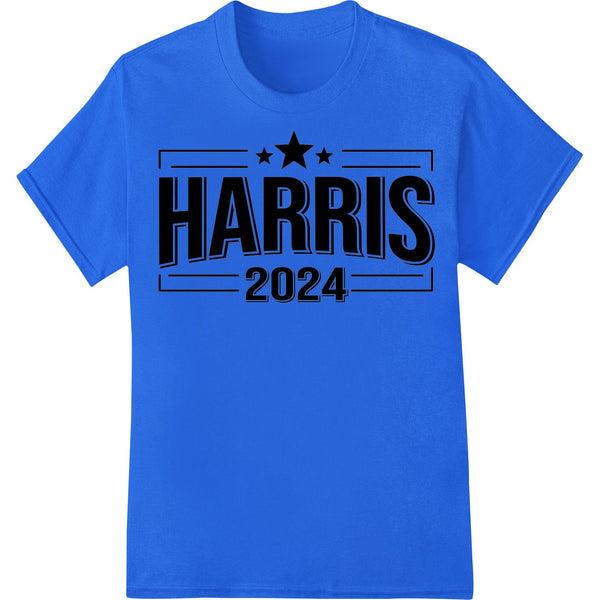 Bold political campaign design with 'HARRIS 2024' text, printed using the Direct to Film (DTF) heat transfer method onto a...