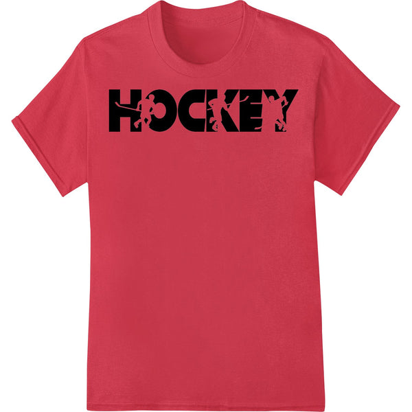 Bold black hockey silhouette cutout design, perfect for heat transfers and DTF printing on custom apparel like t-shirts.