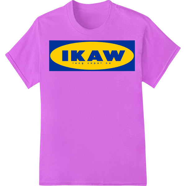 Colorful direct-to-film heat transfer print with bold IKAW text for apparel customization on a white background.