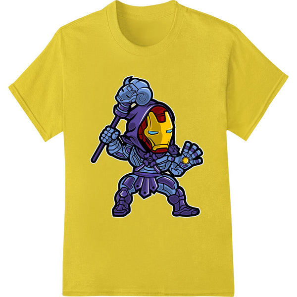 Iron Man inspired warrior illustration, bold and colorful design suitable for DTF heat transfer printing on apparel