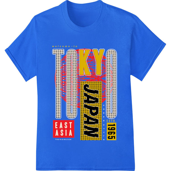 Bold Japanese typography design featuring vibrant colors and geometric patterns, suitable for DTF heat transfer printing.