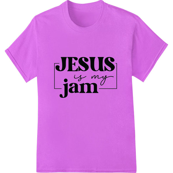 Bold black text design that says 'Jesus is my jam' with a decorative floral pattern, printed using DTF or Direct to Film...