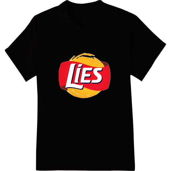 Black and white 'Lies' text design DTF print heat transfer for custom t-shirt and apparel printing