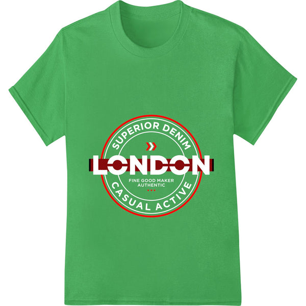 Colorful heat transfer design featuring iconic London landmarks like Big Ben, a red double-decker bus, and the London Eye.