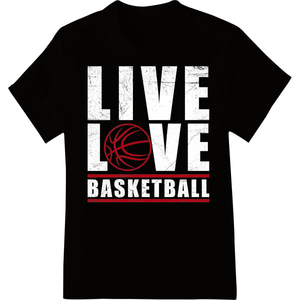 Minimalist red basketball line art design, suitable for DTF printing and heat transfer on t-shirts and custom apparel.