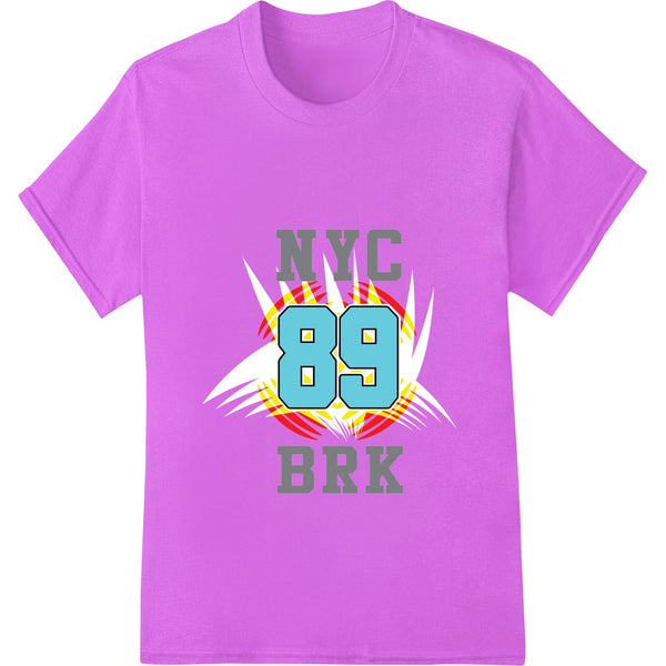 Bold NYC 89 BRK graffiti style print in red, black and white colors with grungy urban text and graphic design elements