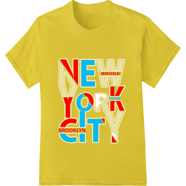 Bold, colorful typography design featuring the names of the five boroughs of New York City in an artistic style.