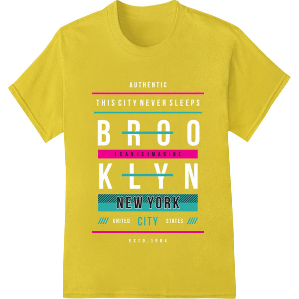 Bold graphic design featuring New York City skyline and typography, suitable for DTF printing on t-shirts and apparel.